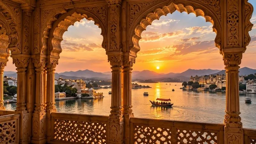 Sunset over a Rajasthan lake viewed through an ornate palace arch