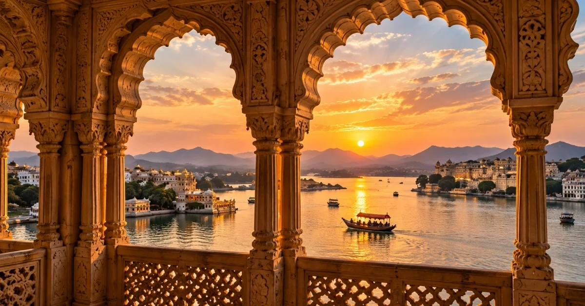 Sunset over a Rajasthan lake viewed through an ornate palace arch